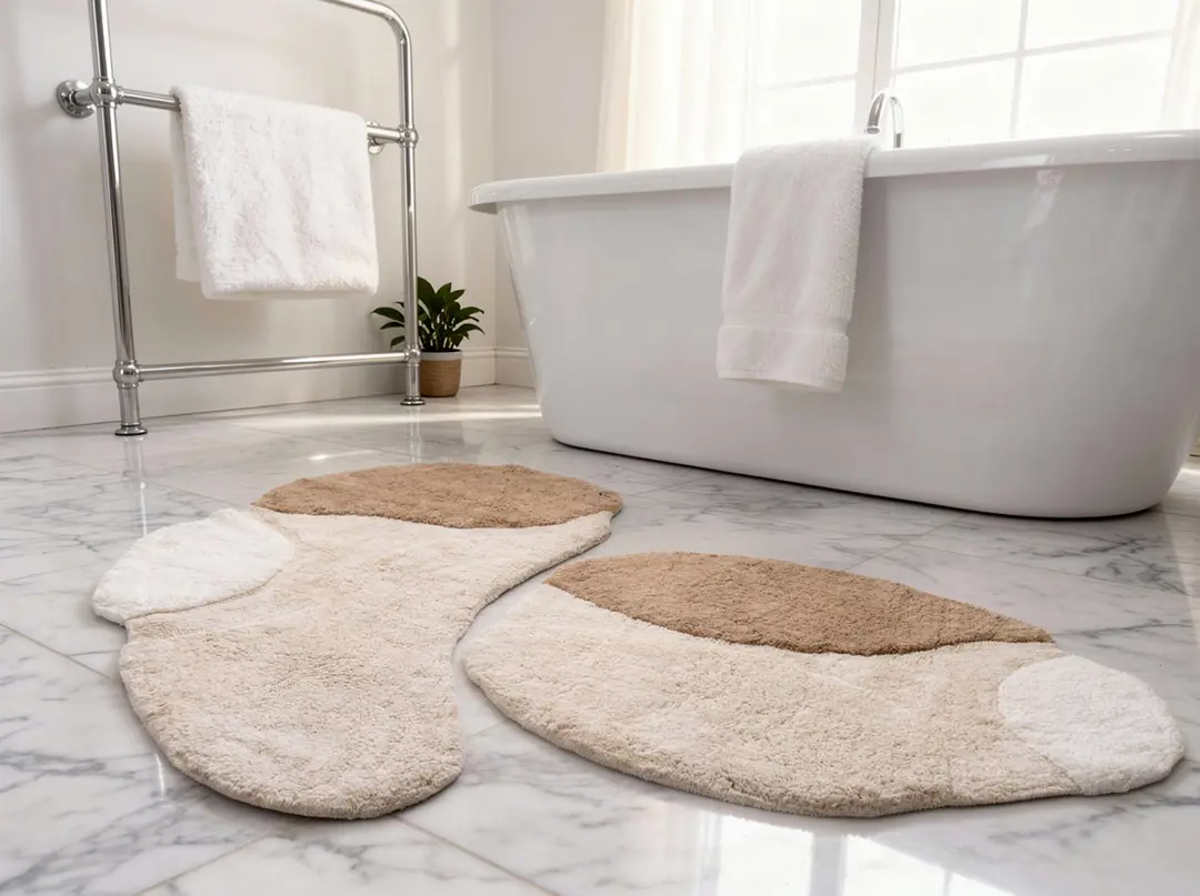 Enmore Tekstil bej organik taş formlu dekoratif ikili paspas seti, Adobe Firefly Flux ile lüks banyo sahnesine yerleştirilmiştir — Nikon Z 7II 43MP kaynak
