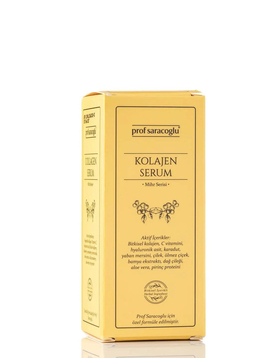 Kolajen Serum ürün ve ambalaj fotoğrafı — Prof Saraçoğlu Mihr Serisi, İzmir. Beyaz fon ürün fotoğrafı çekimi.