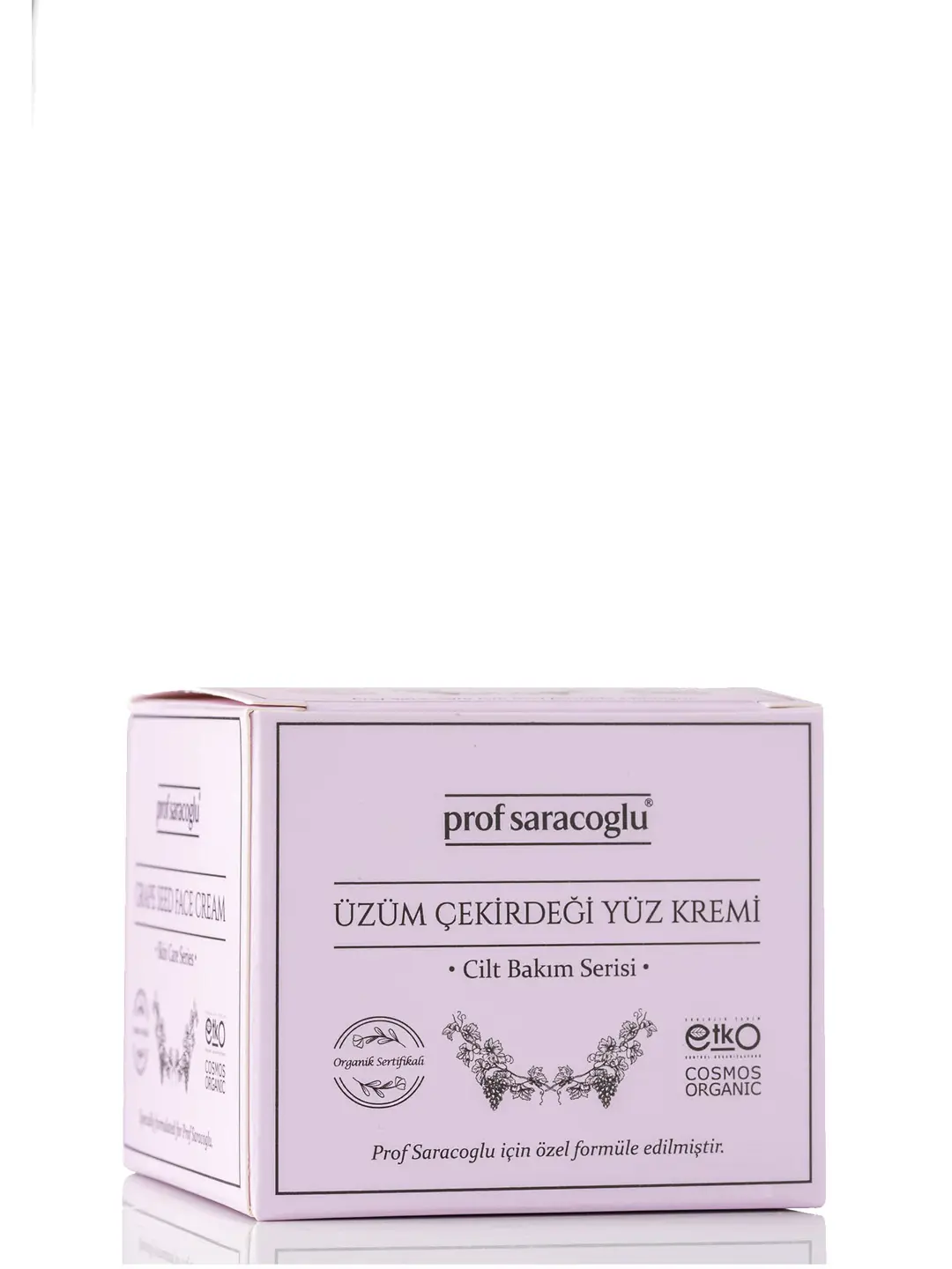 Üzüm Çekirdeği Yüz Kremi ürün ve ambalaj fotoğrafı — Prof Saraçoğlu Cilt Bakım Serisi, Cosmos Organic, İzmir fotoğraf çekimi